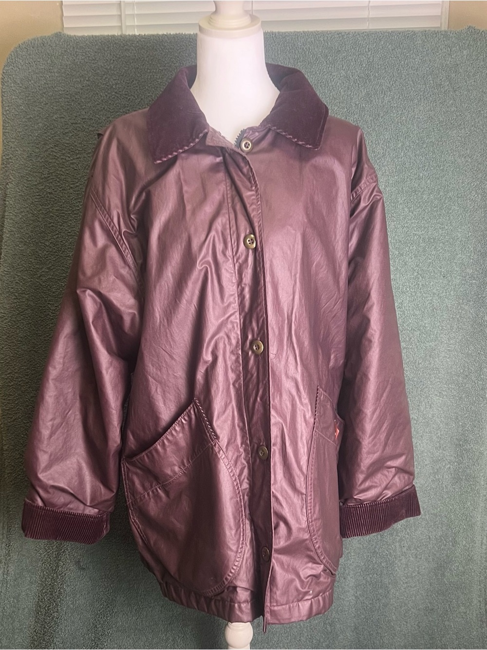 Woolrich Deep Plum Leather-Style Button Front Jacket with Corduroy Trim